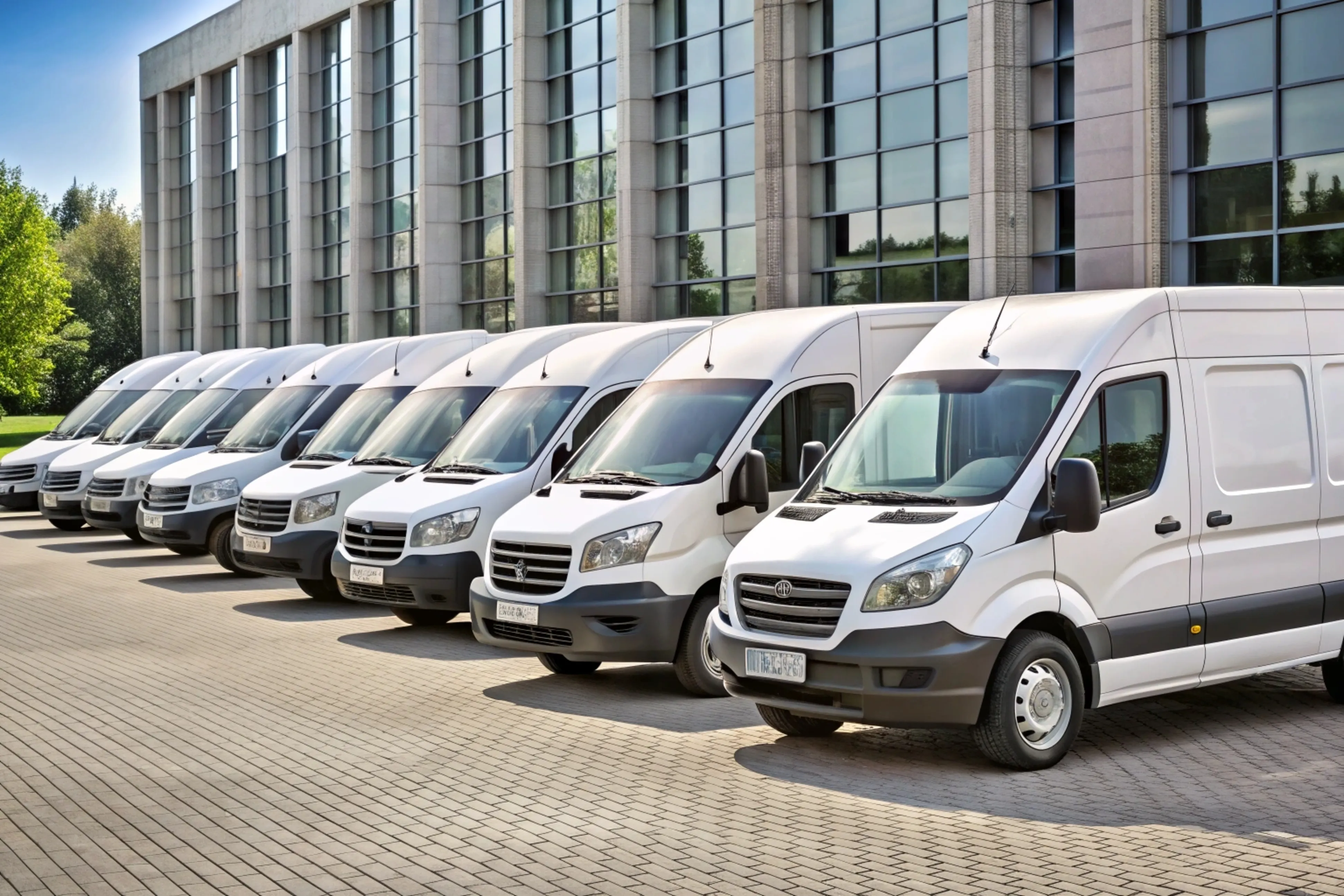 Fuhrparkservice Mobil14 – Beratung, Planung & Wartung von Nutzfahrzeugflotten – Das Bild zeigt eine Flotte weißer Lieferwagen vor einem Logistiklager.